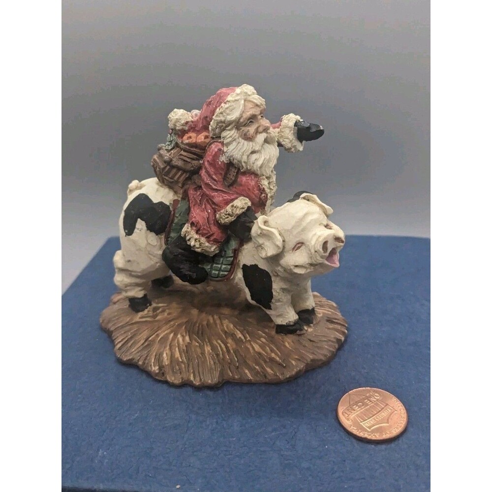 Santa Riding Spotted Pig Christmas Vintage Folk Art Farmhouse Resin Figurine